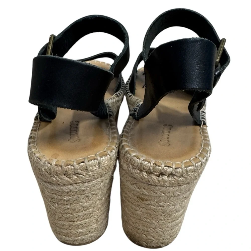 Soludos “Minorca” Wedge Espadrille Sandals Black Leather Strap Size 9.5 Summer